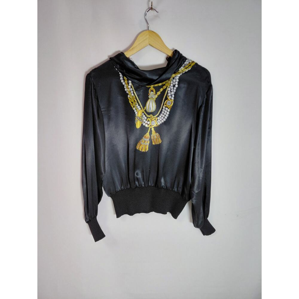 Vintage CASTLEBERRY Made in USA Polyester Top Black Print Knit -See Measurements